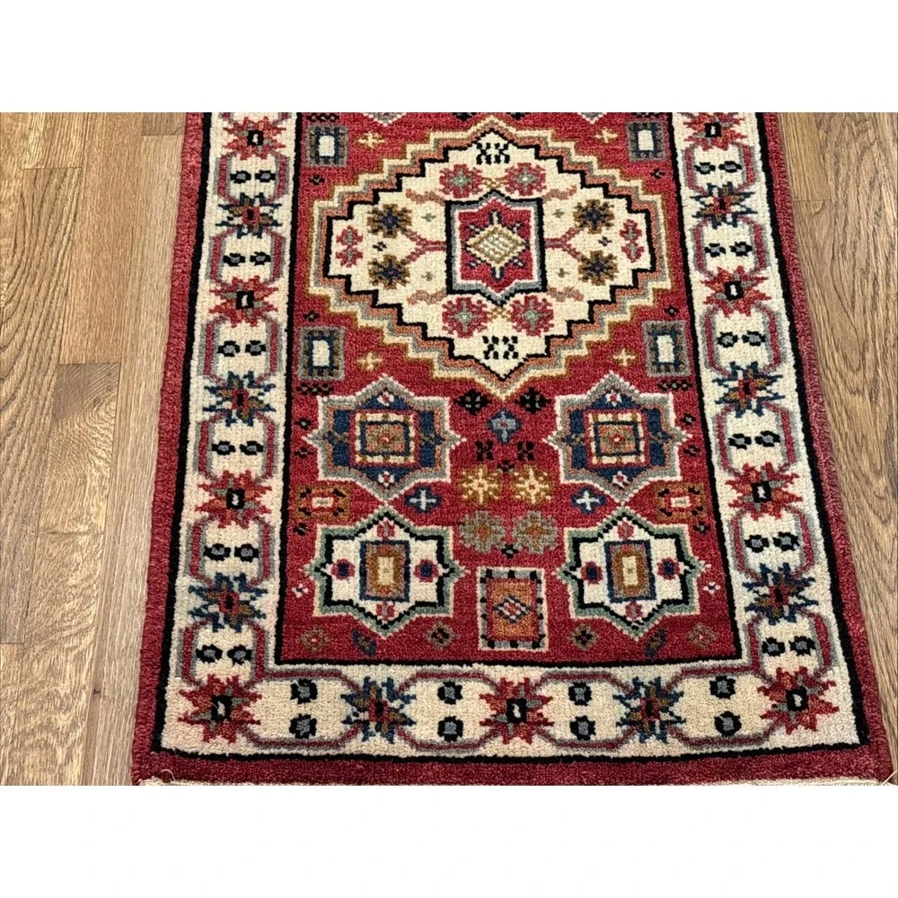 Hand Knotted Afghan Tribal Kazak Hallway Runner Red Small Geometric Rug 2'X 6.6'